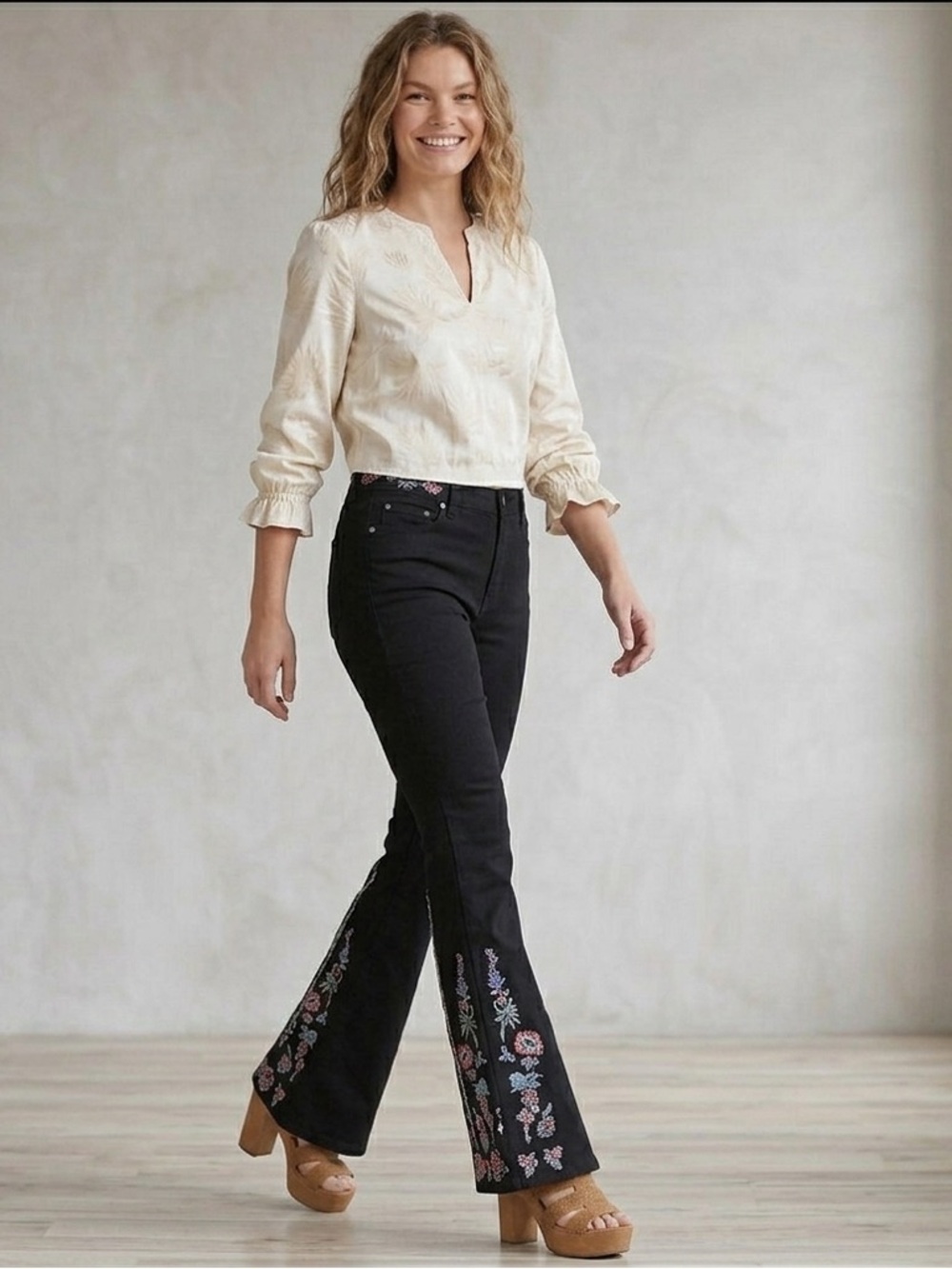 Black Floral-Panel High-Rise Flare Jeans